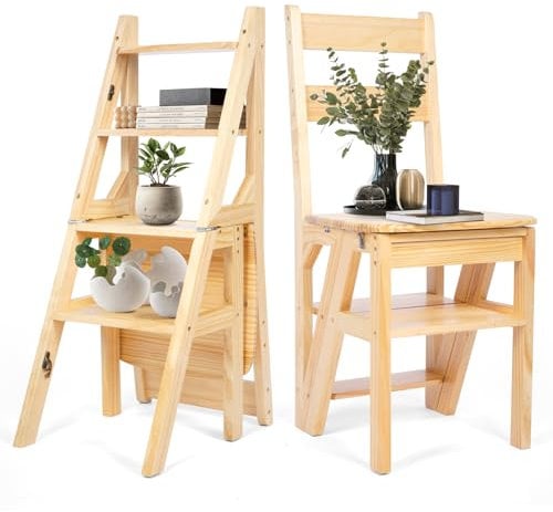 uyoyous Klappbar Tritthocker, Zusammenklappbar Holz Faltstuhl Trittstuhl, Faltbarer 4 Stufen Hocker, Multifunktionale Blumenständer und Klapphocker für Küche Bibliothek Wohnzimmer