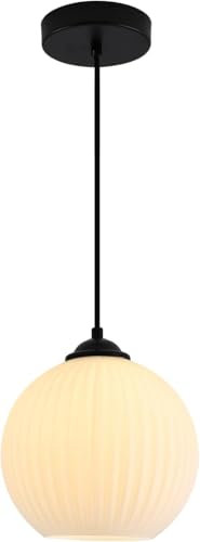 KCO Beleuchtung Milchglas Globe Pendelleuchte Industrial Vintage Gerippte Pendelleuchte Schwarz Decke Pendelleuchte Leuchte Weiß Glas Pendelleuchten Küche Insel Beleuchtung