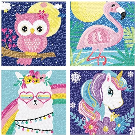 4 Stück Diamant Painting Bilder Kinder, Diamond Painting Tiere, Diamond Painting Kinder, Diamant Painting Set für Geschenk und Zuhause Wanddekoration 15x15cm