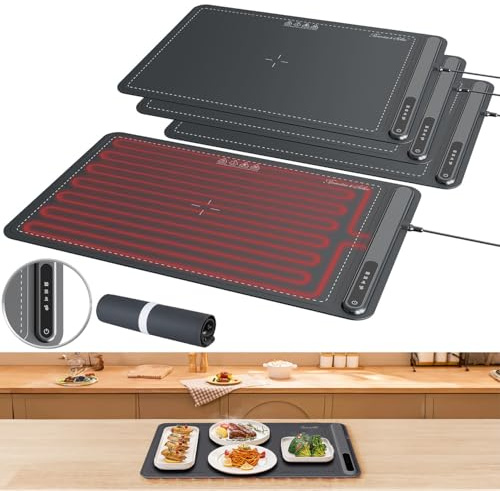 Rosenstein & Söhne Warmhalteplatte regelbar: 4er-Set Rollbare, digitale Wärmematte, Silikon, 55-100 °C, 61 x 40cm (Wärmende Silikon-Matte, Speisewärmer elektrisch)