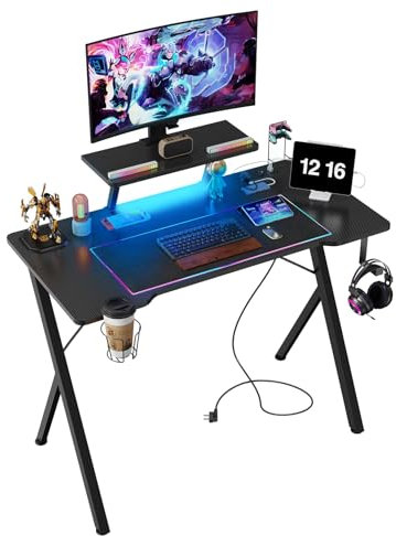 Lvhecforhm Bureau Gaming LED 100x50cm, Table Gamer avec Prises Electrique et Ports USB, Table d'ordinateur avec Crochets pour écouteurs Porte-gobelet, Noir Bureau Gaming PC pour Jouer et Travailler