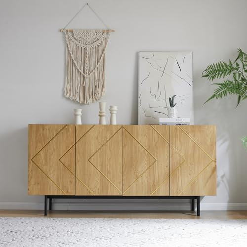 BTM Buffet Salon 160, Armoire de Rangement avec 4 Portes, Buffet Cusine avec Étagère Réglable, 160x40x78cm, Bois Naturel