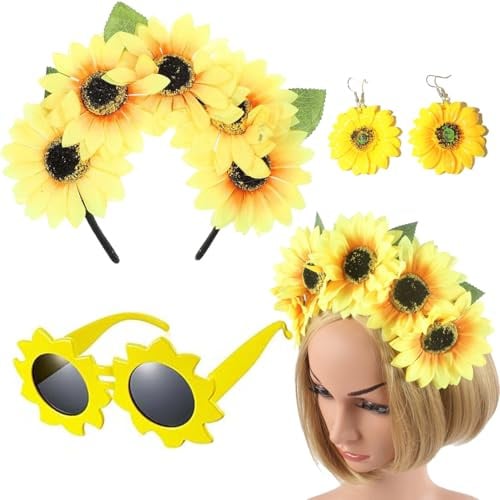 XINDY Blumen Kostüm Damen, Sonnenblumen Haarreif Haarschmuck Ohrringe Sonnenbrille für Sonnenblumen Kostüm Damen Fasching Karneval Accessoires