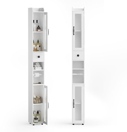 FiveWillowise Tall Bathroom Cabinet, Freestanding Slim Storage Cabinet, Bathroom Storage Unit with Adjustable Shelves, Drawer and Door, Narrow Cupboards for Bathroom Living Room Bedroom, 20x20x180cm