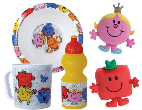 FUN HOUSE | Set Complet Vaisselle Monsieur Madame Pour Enfant + Peluches | Assiette Creuse + Gourde + Mug + 2 Peluches | Licence Officielle | Réutilisable | Marque Française | Idée Cadeau