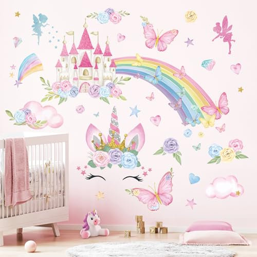 Fufuquare Traumhafte Vinyl Rosa Cartoon Regenbogen Rosen Wandtattoo Schmetterlinge Schlösser Giftfreie Wandaufkleber für Mädchenzimmer Kinder Baby Schlafzimmer