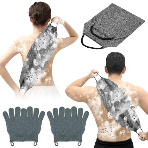 Vicloon Gant de Douche Exfoliante, 4PCS Gants de Bain Exfoliants, 1PCS Sangle de Bain, Gommage Du Dos pour La Douche, Élimine Peaux Mortes, Poils Incarnés, Impuretés, Toutes Peaux (Gris)