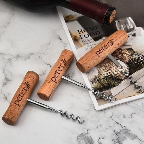 HERSTL Tire-bouchon En Bois Personnalisé Avec Gravure, Tire-bouchon En Acier Inoxydable Avec Manche En Bois De Style T, Ouvre-bouteille, Poignée Ergonomique Et Embout En Métal Massif