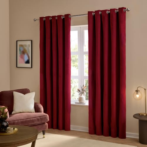 furn. The Ultimate Velvet Eyelet Curtains (Red-117x137cm) | Soft Stylish Light Filtering Matte Velvet Curtain Pair
