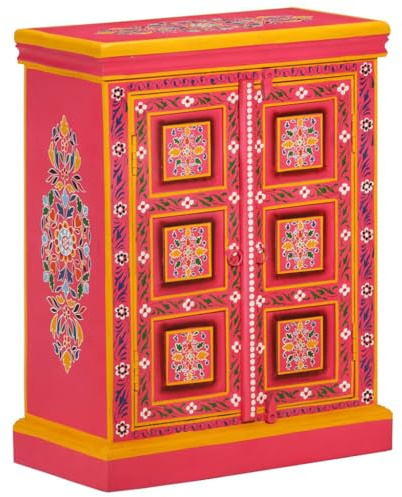 QJBSAVVA Sideboard aus massiven Mangoholz 60x30x78 cm Rosa Handbemalt Retro Vintage Kommode mit Abnehmbarer Ablage für Wohnzimmer Flur und Küche ohne Montage