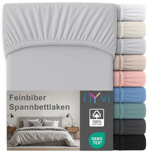 NYVI Feinbiber Spannbettlaken Deluxe für Matratzen bis 25 cm Steghöhe - Extra Warm & Weich, 100% Baumwolle, Bügelfrei, Vorgekrumpft - 140x200 cm Silber