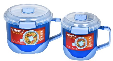 Sistema Heatables Microwave Soup Mug & Noodle Mug | 660ml & 1.15L | Leakproof Meal Prep Containers with Lids | 2 Count | Lazuli Blue Round
