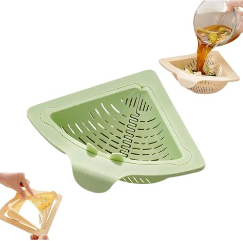 Magnetic Suction Space-Saving Corner Sink Strainer, Magnetic Triangular Sink Corner Rack, Punch-Free Triangular Draining Basket for Sink,Punch-Free for Washing Fruits & Vegetables (Green)