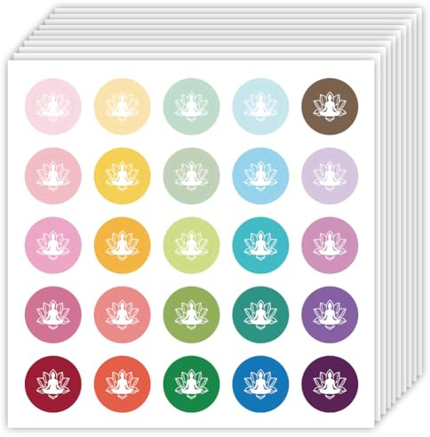 OLYCRAFT 500 Stück Yoga Lotus Selbstklebende Aufkleber 20 Blätter Bunte Papier Dekorative Aufkleber Runde Scrapbooking Etiketten für DIY Basteln Scrapbooking Kalender Geschenke Verschließen Album