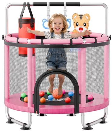 VEVOR Trampolino Elastico per Bambini 142 cm Carico 60 kg Rete Protezione, Giocattolo per Divertimento Esercizio Bambini da Interno Esterno Barra Regolabile, Trampolino Uso Domestico, Colore Rosa