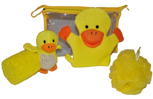 alles-meine.de GmbH 5 TLG. Set: Kosmetiktasche + Badeschwamm + Waschhandschuh + Badetier + Baderosette - Ente - Badespielzeug Stofftier für Kinder/Baby