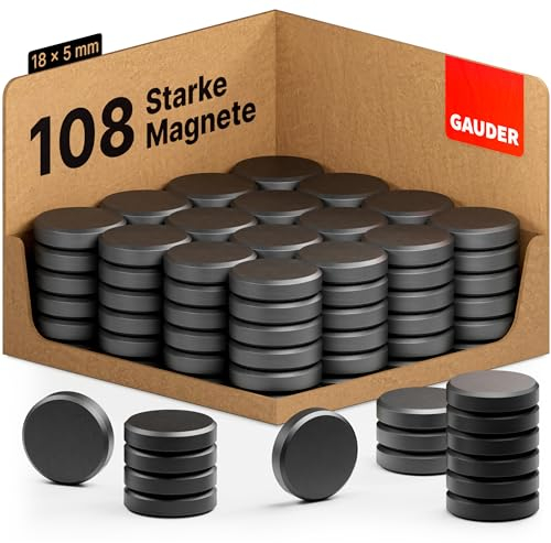 GAUDER Magnete für Magnettafel - Starke Tafelmagnete für Whiteboard, Pinnwand, Kühlschrank & Büro - Runde, Schwarze Kühlschrankmagnete mit hoher Haftkraft (124 Stück - 18 x 5 mm)