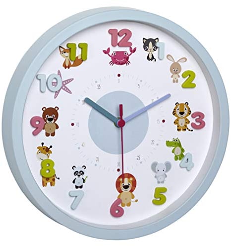 TFA Dostmann Little Animals Kinder-Wanduhr mit Tier-Motiven, leises Uhrwerk, ideal für das Kinderzimmer, Kunststoff, hellblau, ((L) 309 x (B) 44 x (H) 309 mm
