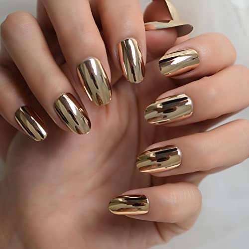 Light Gold Metallic Press On Nails Laser Mirror Like Luxurious Medium Oval Glossy Fake Nails 24 pcs/kit