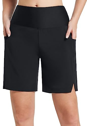 baleaf Badeshorts Damen Lang Knielang Schnelltrocknend Badehose UV Schutz UPF 50+ Schwimmhose Hohe Taille Boardshorts mit Innenslip und Taschen Schwarz M