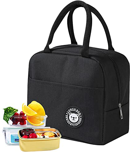 Amfrpar Kleine Kühltasche Faltbar Mini Lunchtasche Wasserdicht Lunchbag mit Reißverschluss Picknick Handtasche Isoliertasche Thermotasche für Unterwegs Arbeit Schule Damen Herren (6L, Schwarz)