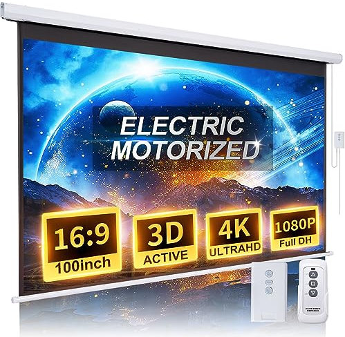 Projector Screen Motorized 100 Inch 16:9 HD Electric Projector Screen Pull Down with Remote, Automatic Projector Screens Wall Ceiling Mount Movie Screens for Projectors Outdoor Indoor, White