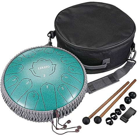LEKATO Zungentrommel C Dur Tongue Drum(13 Zoll, 15 Noten) Stahlzungentrommel für Heilung Meditation Bildung, Steel Tongue Drum Handpan Scheibentrommel Schlaginstrument für Einsteiger, Malachitgrün