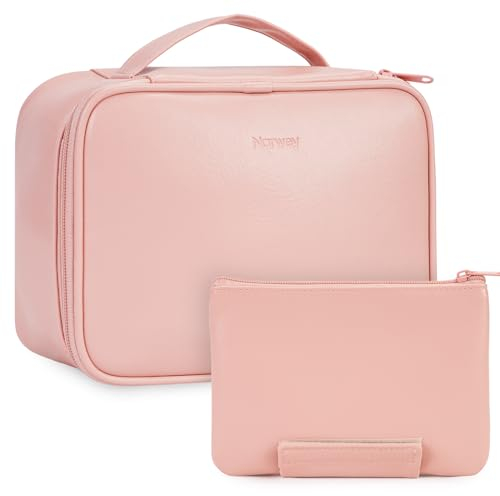 Narwey Reise Kosmetiktasche Damen Make-up-Tasche PU Leder Schminktasche Große Make-up Tasche Organizer Kosmetikkoffer Frauen Mädchen mit Bürstenfach(Rosa)