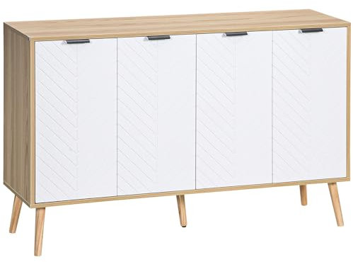 HOMCOM Buffet Bas, Meuble de Rangement, étagères réglables, 2 placards, 4 Portes Motif Chevrons, pour Cuisine, Salle à Manger, Salon, 120 x 35 x 77,4 cm, Blanc