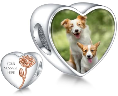 Annmors 925 Sterling Silber Charm Personalisierte Foto Anhänger fit Armband Halskette Maßgeschneiderte Herzform July Larkspur Bild Perle Frauen Mädchen Katzen Hunde Baby Familie