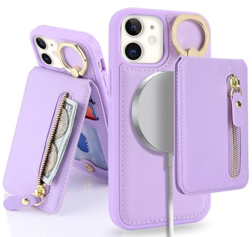 SailorTech iPhone 12 Mini Phone Leather Case with Credit Card Holder Magsafe, iPhone 12 Mini Case Ring Stand with Kickstand Card Slots Wallet Detachable 2-in-1 Zipper Case - Purple