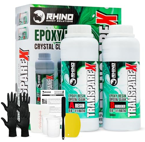Kit Resina Epoxi Transparente RHINO Smart Solutions TRANSPAREX 1000ml para Manualidades - 500ml Resina Líquida Transparente + 500ml Endurecedor (1:1) para DIY, Arte, Modelado, Joyería, Bricolaje