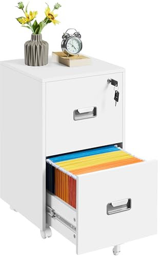 Yaheetech Cajonera de Oficina Móvil con 2 Cajones y Cerradura Mueble Archivador con Ruedas y Frenos Barras Colgantes Ajustables para Carpetas A4/Carta 40x40x66,5 cm Blanco