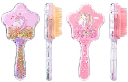Meng Jiaran Lot de 2 brosses à cheveux pour enfant – Motif licorne avec paillettes arc-en-ciel, brosse démêlante et palette pour cheveux bouclés et raides