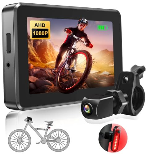 RIDEONMOP Bike Mirror Bicycle Rear View Camera 1080P with 4.3 Screen, 130° Wide Angle Color Night Vision Watertight Bikes Camera with Bike Tail Light for Mountain Road E-Bikes