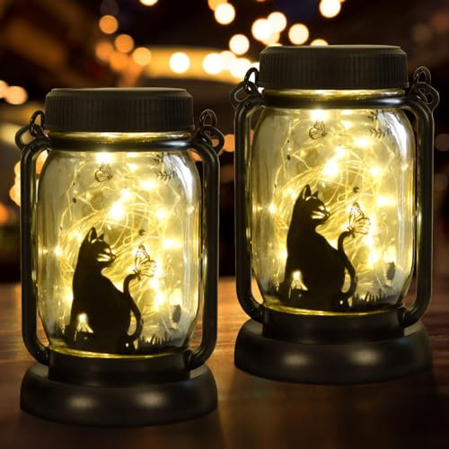 Solarlaterne für Außen Katzen-Gartendekor, 3-in-1-Katzenlaternenlampe, Geschenke für Frauen, Geschenke für Katzenliebhaber, Katzen-Gedenkgeschenke bei Verlust einer Katze 2PCS