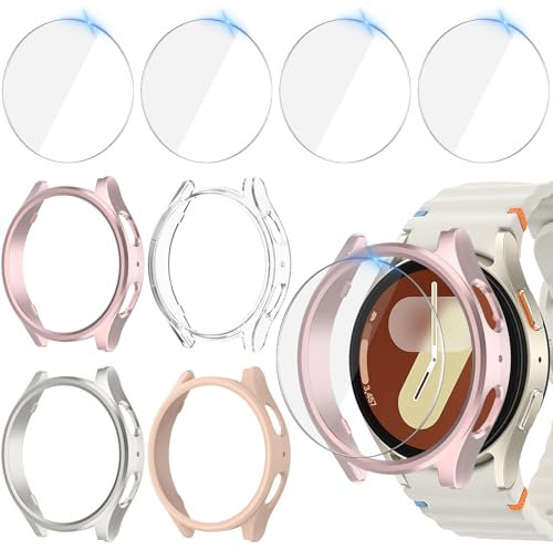 Jvchengxi 4+4Piezas Funda 40mm para Samsung Galaxy Watch 7 Protector, Antiarañazos PC Carcasa + HD Protector de Pantalla de Cristal Templado para Galaxy Watch 7 40mm (OroRosa+Estrella+RosaArena+Claro)