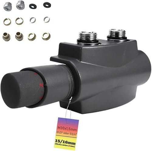 Multiblock Set mit Thermostat, Eck und Durchgangsform Hahnblock für Heizkörper Badheizkörper Anschlussarmatur Mittelanschluss Heizkörperventil Ventil-Armaturen Messing, G1/2 G3/4, 15/16mm, Anthrazit