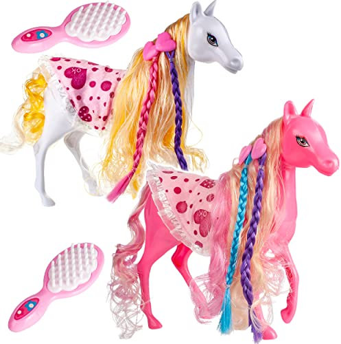 2 Stück Pferde/Spielzeugpferde + Zubehör - passend für Barbie Puppe - 25,5 cm hoch - mit abnehmbaren Sattel + Zaumzeug - mit Haaren - ideal auch für 29 c..