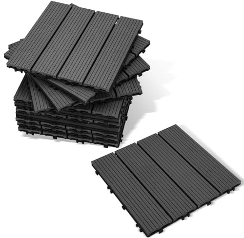 Lospitch WPC Terrassenfliesen, 30x30cm Balkon Bodenfliese 33 Stück für 3m², Terrassendielen Klickfliesen Wetterfest, Rutschfest, Pflegeleicht, Gartenfliesen mit Klick-System, Anthrazit