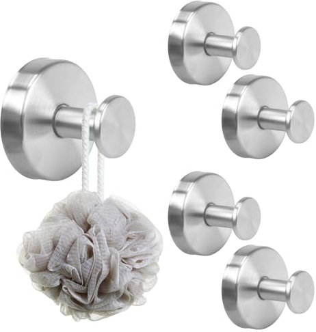KINDPMA 5PCS Silver Suction Hooks for Bathroom Suction Cup Hooks Stainless Steel Waterproof Shower Hook Suction Towel Holder for Shower Kitchen Hanging up to 11lbs