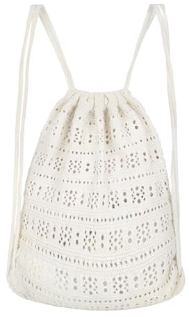 MilyaDE Sommer Rucksack mit Kordelzug Böhmische Turnbeutel mit Tunnelzug Jutebeutel Strandbeutel Stofftasche, Beige