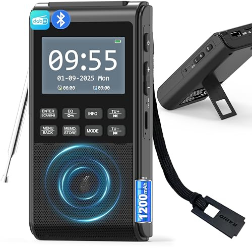 DAB Radio with Bluetooth 5.3, Rechargeable Battery Powered FM Small Radio, Dual Alarms Clock, DAB+ Digital Radio with Colour Display, 5W Big Speaker, Support SD Card and USB MP3 Player
