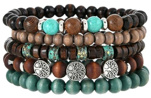 HolooVeranillo 6 Pcs Beaded Bracelets, Boho Beaded Bracelets, Multi Layer Stackable Wooden and Braceletss, Portability Cuff Bangle Wristband Jewelry, for Women Men