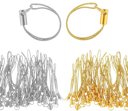 PEOVLVN 100Pcs Phone Charms Strap, Phone Charm String Kit Keychain Charm Lanyard String with Lobster Clasp for USB Drive Keyring DIY Jewelry Accessories Decorations (Gold, Silver)