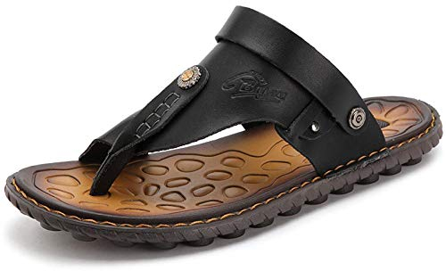 OHCHSH Herren Flip Flops Sandalen Schuhe mit Zehenring beiläufigen Sommer-Leder 10 M US Schwarz