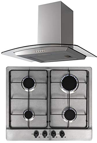SIA 60cm Stainless Steel Gas 4 Burner Hob & Curved Glass Chimney Cooker Hood Fan
