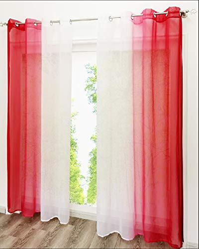 EZ GLAM Gardinen mit Verlauf-Farben Muster Schön Transparent Voile 2PC Vorhänge (B*H 140 * 245cm, Rot mit Ösen)