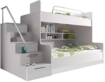 Mirjan24 Etagenbett Epexi II, Praktischer Hochbett mit Lattenrost, Treppe mit Schubladen, Stockbett, Modern Kinderzimmer Bett Jugendzimmer Bett (Weiß/Weiß Hochglanz, Treppe: Links)