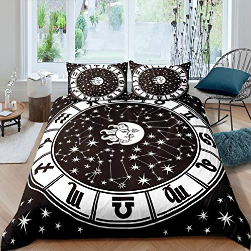 Loussiesd 3D Galaxie Bettwäsche Set Sternbild Die Sonne Uhr Schwarz Bettbezug Set Jungen Mädchen 200x200 cm Microfaser Betten Set mit Reißverschluss und 2 Kissenbezug 80x80 cm